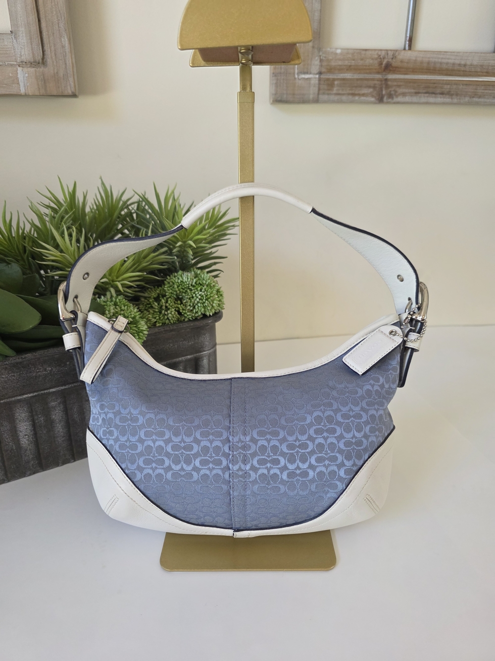 Coach Soho Signature Jacquard Hobo Shoulder Bag Denim Blue White Leather Y2K - Picture 2 of 13